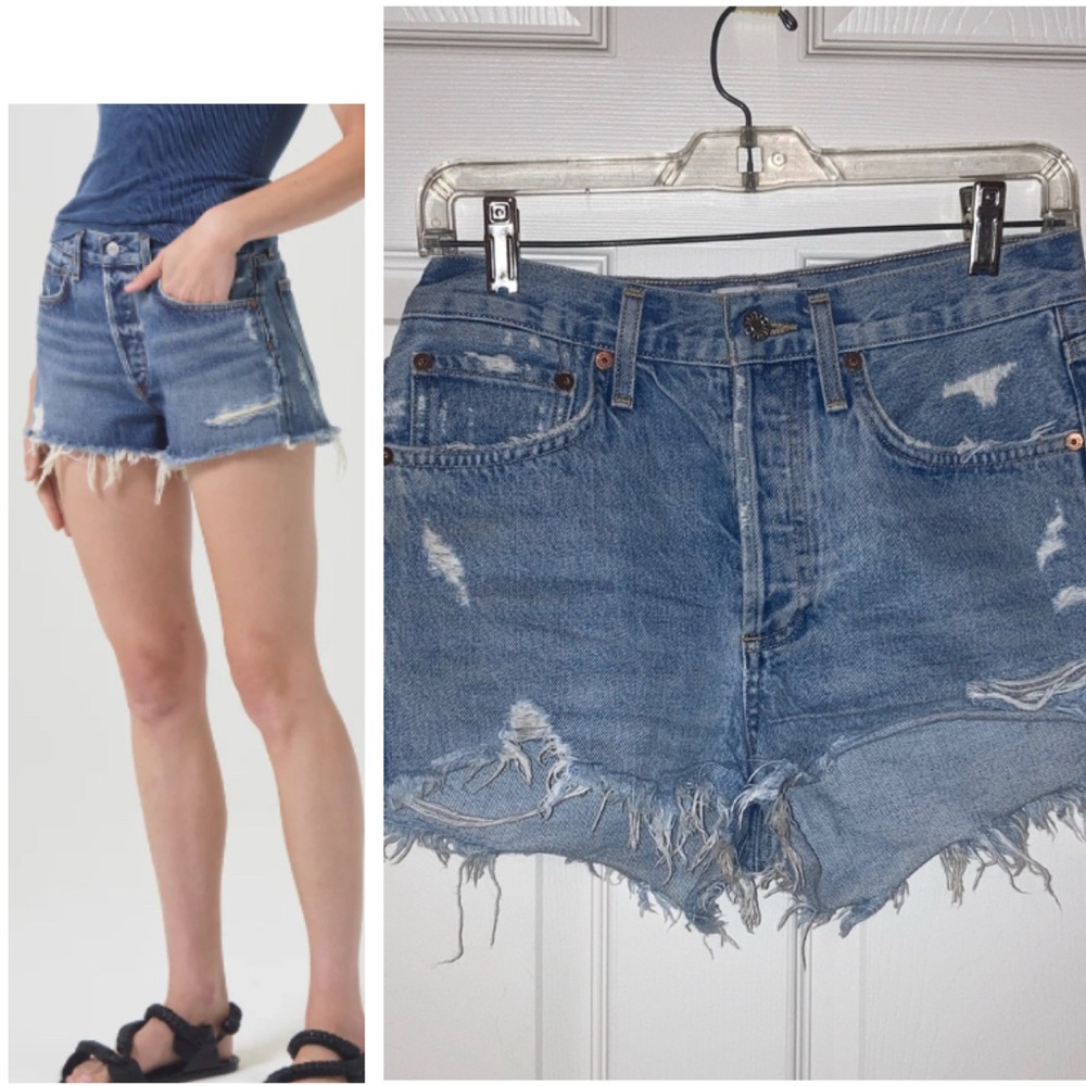 Agolde Parker Vintage Cut Off Button Fly Distressed Cotton Blue Jean Shorts 25